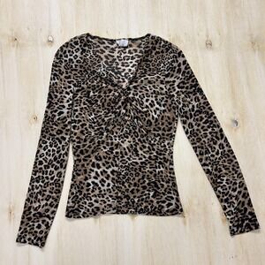Vintage Cache Shirt Womens Large Brown Leopard Print V Neck Ruched Long Sleeve